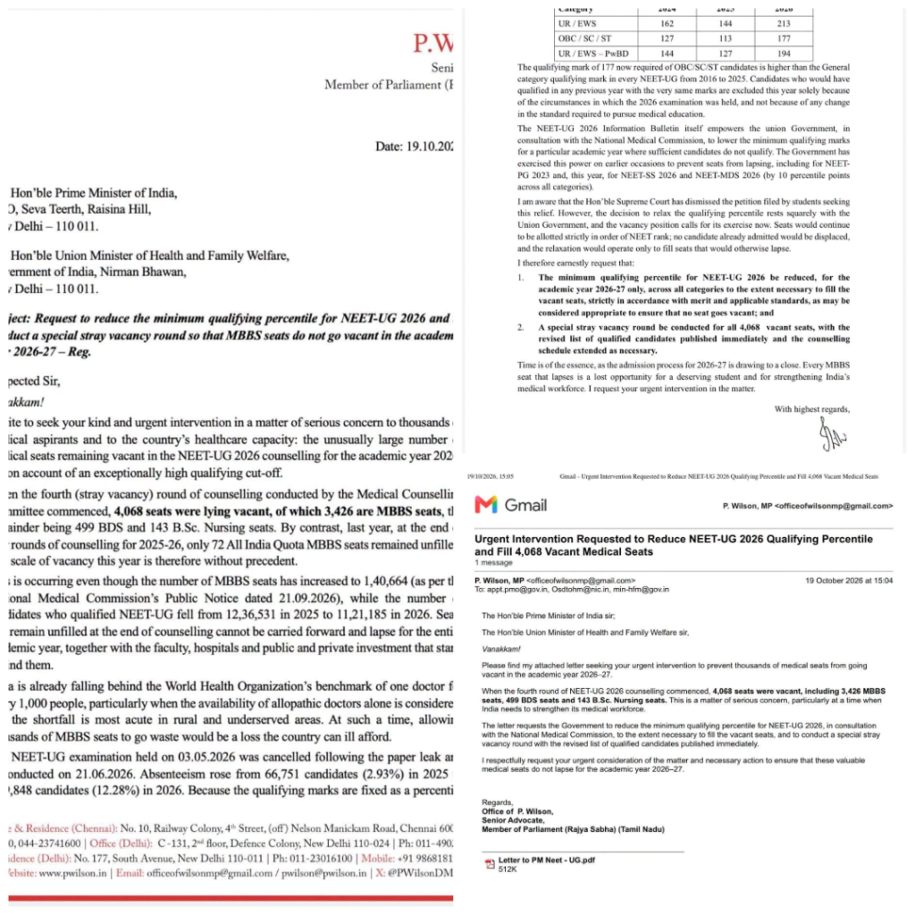 UG-Medical படிப்புகளில் சேருவதற்கான கட்-ஆஃப் மதிப்பெண்ணைக் குறைக்க எம்பி வில்சன் கடிதம்